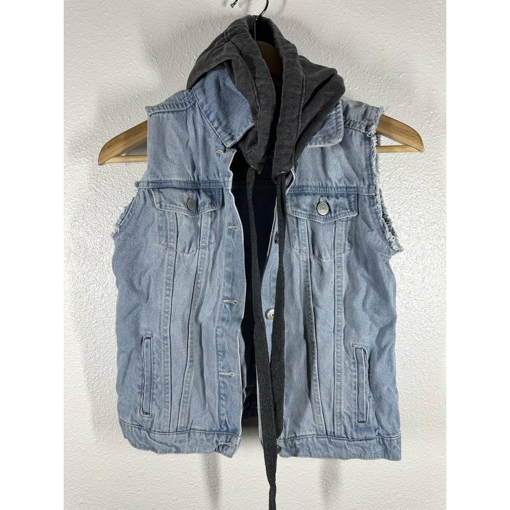 Levis Vest Womens Small Blue Denim Hooded Sleeveless Choose Happiness Sunflower‎